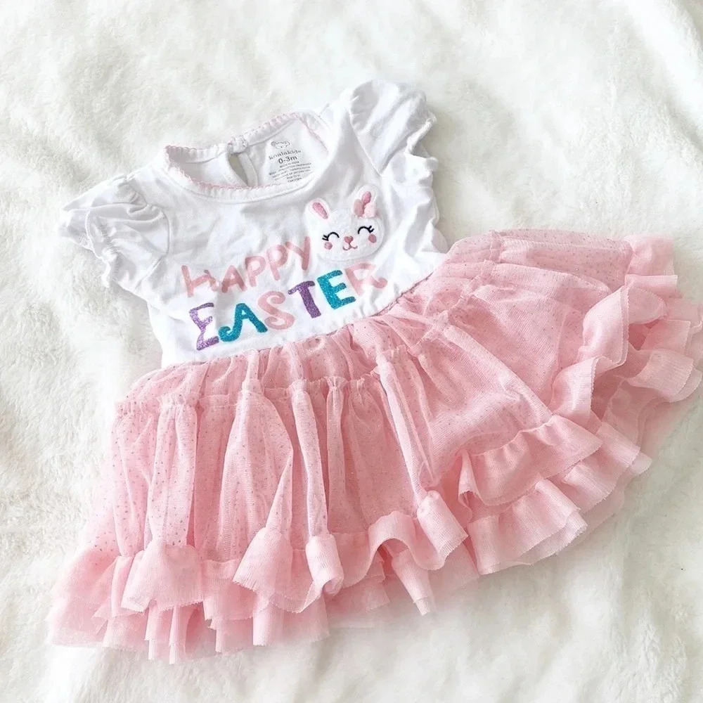 Koala kids baby girl white/pink ruffled short sleeve Easter dress